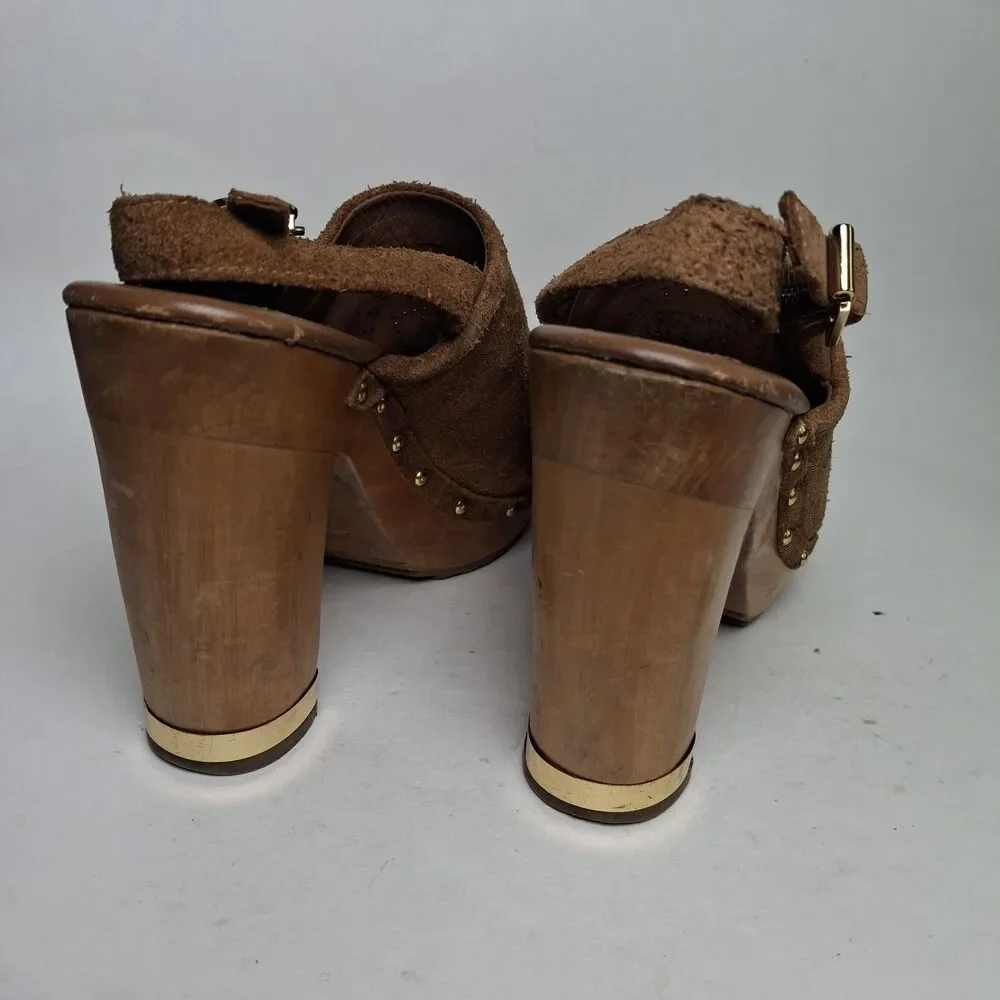 Tory Burch Brayden Slingback Clog 8M Brown Gold Wood Heel Studded Summer Party